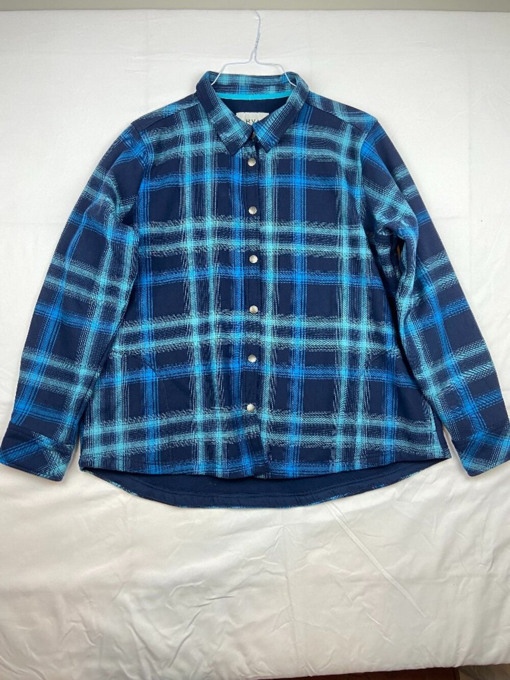 Orvis Women's Navy Blue & Light Blue Plaid Fleece Lined Shacket 100% Cotton XXL